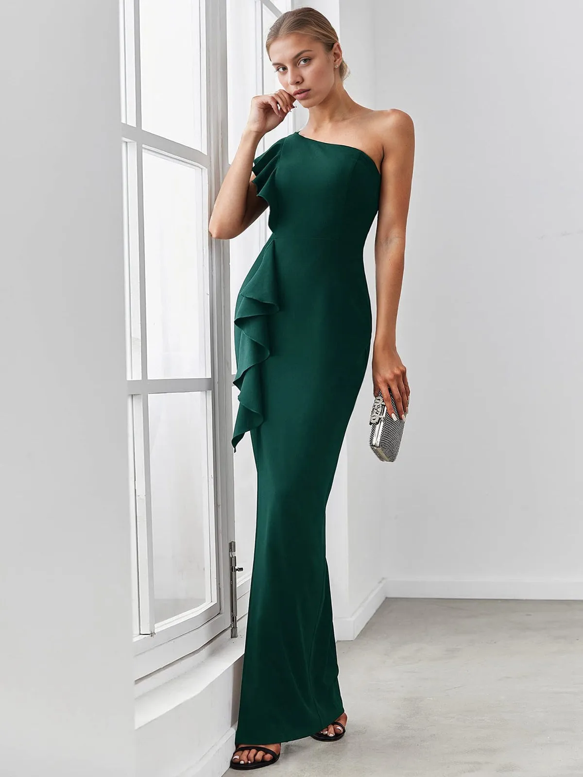 1930s Solid Ruffle One-Shoulder Slit Dress