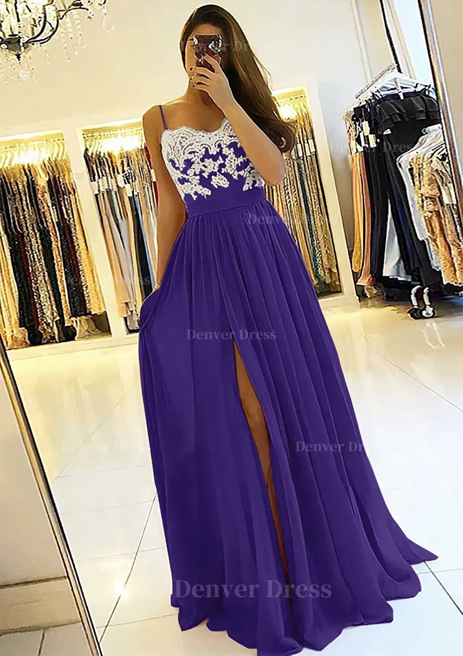 A-line/Princess Sweetheart Sleeveless Long/Floor-Length Chiffon Prom Dress With Split Appliqued