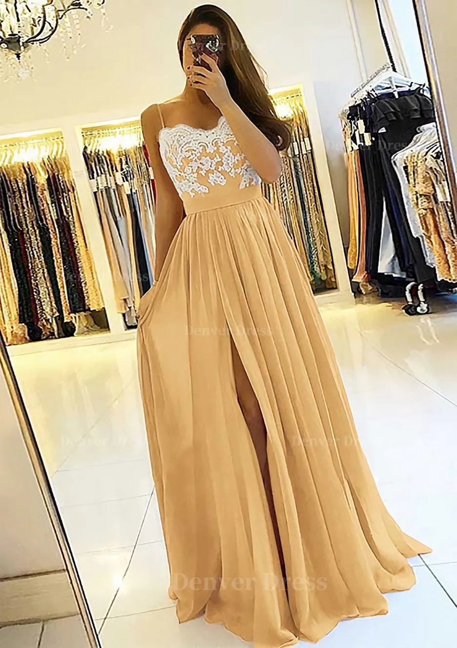 A-line/Princess Sweetheart Sleeveless Long/Floor-Length Chiffon Prom Dress With Split Appliqued