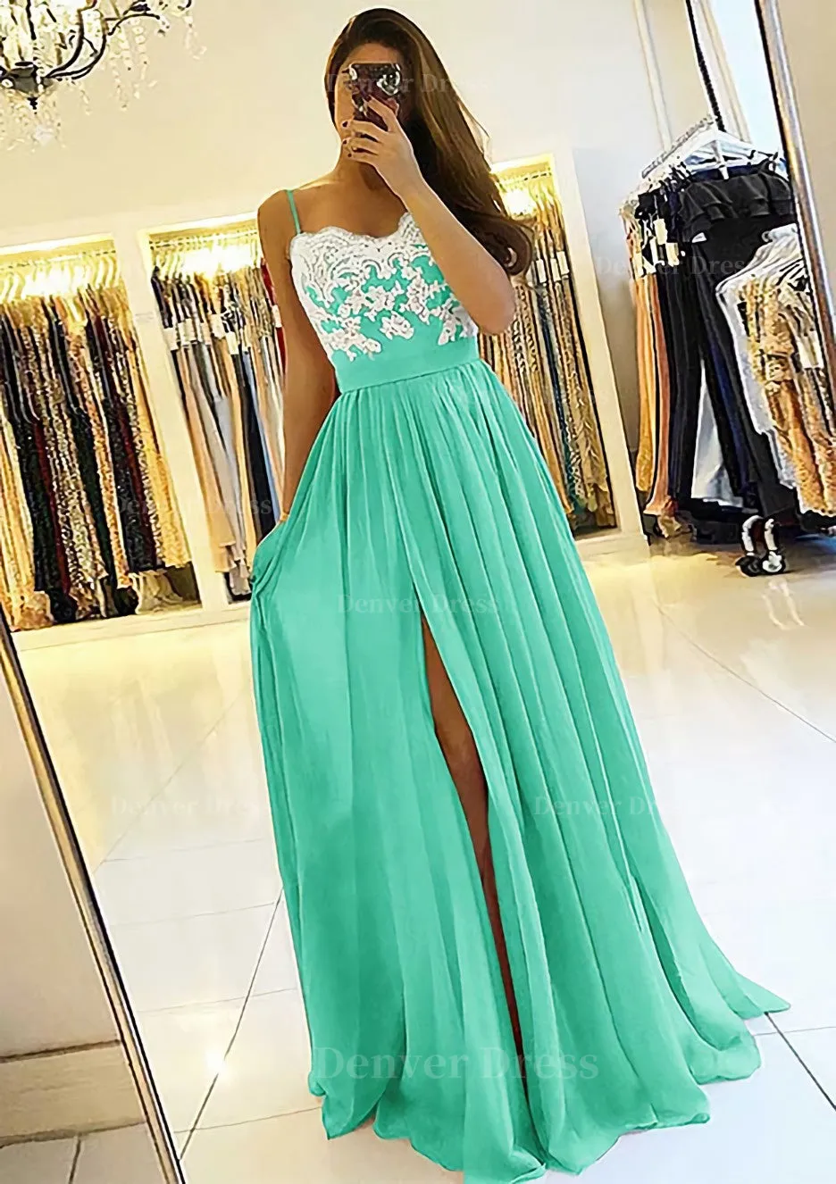 A-line/Princess Sweetheart Sleeveless Long/Floor-Length Chiffon Prom Dress With Split Appliqued