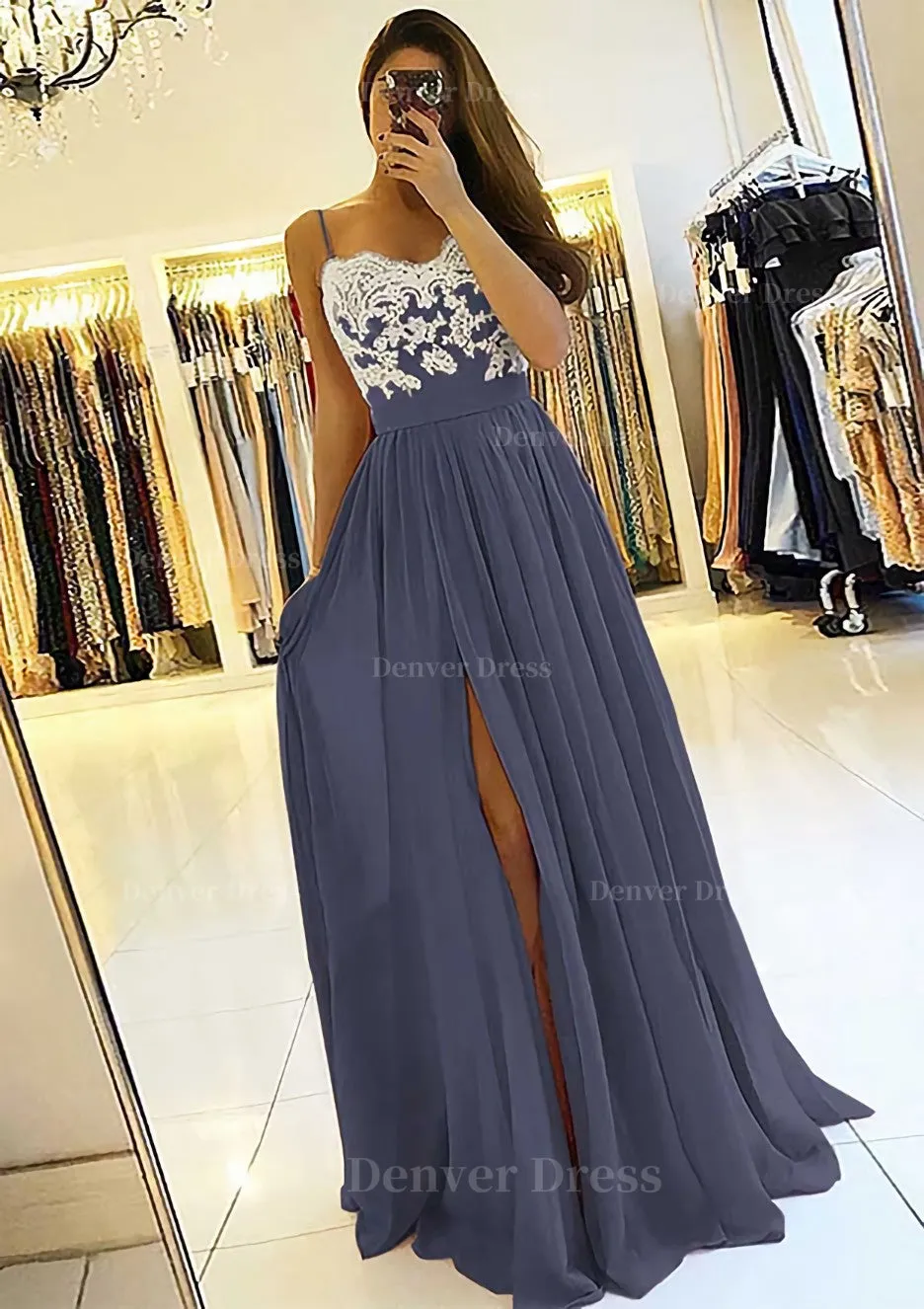 A-line/Princess Sweetheart Sleeveless Long/Floor-Length Chiffon Prom Dress With Split Appliqued