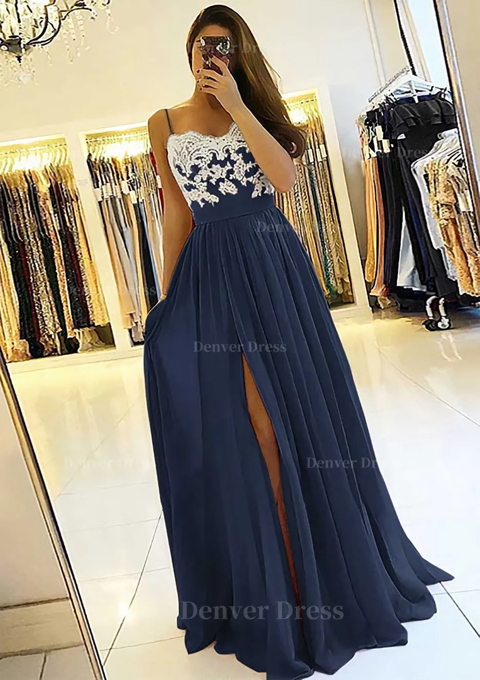 A-line/Princess Sweetheart Sleeveless Long/Floor-Length Chiffon Prom Dress With Split Appliqued