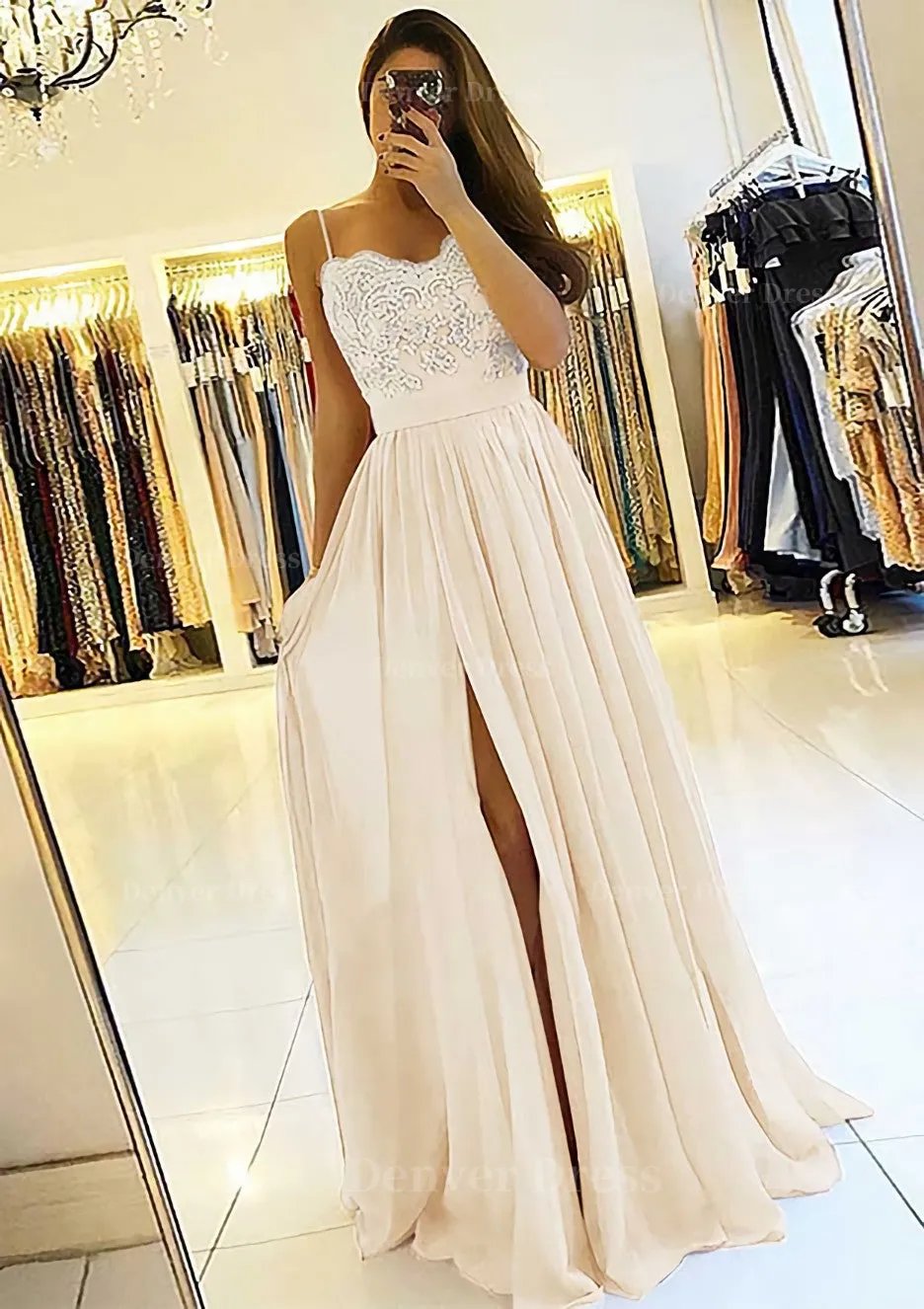 A-line/Princess Sweetheart Sleeveless Long/Floor-Length Chiffon Prom Dress With Split Appliqued
