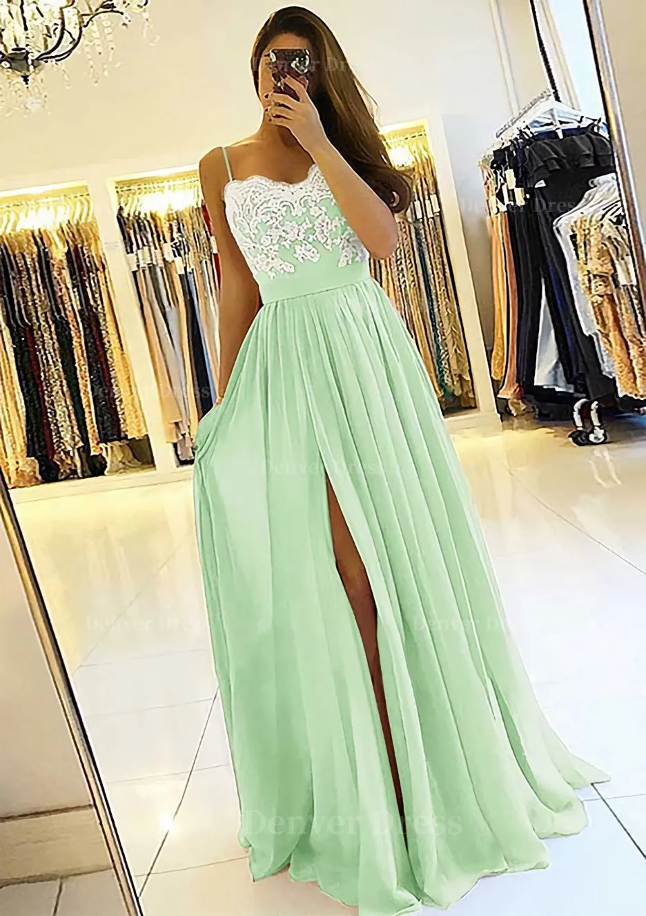 A-line/Princess Sweetheart Sleeveless Long/Floor-Length Chiffon Prom Dress With Split Appliqued