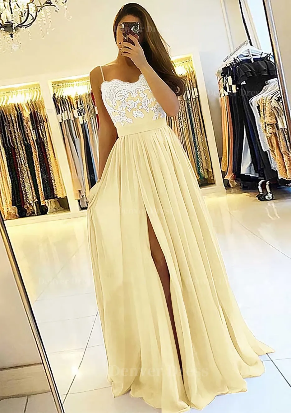 A-line/Princess Sweetheart Sleeveless Long/Floor-Length Chiffon Prom Dress With Split Appliqued