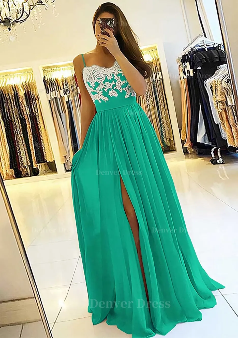 A-line/Princess Sweetheart Sleeveless Long/Floor-Length Chiffon Prom Dress With Split Appliqued