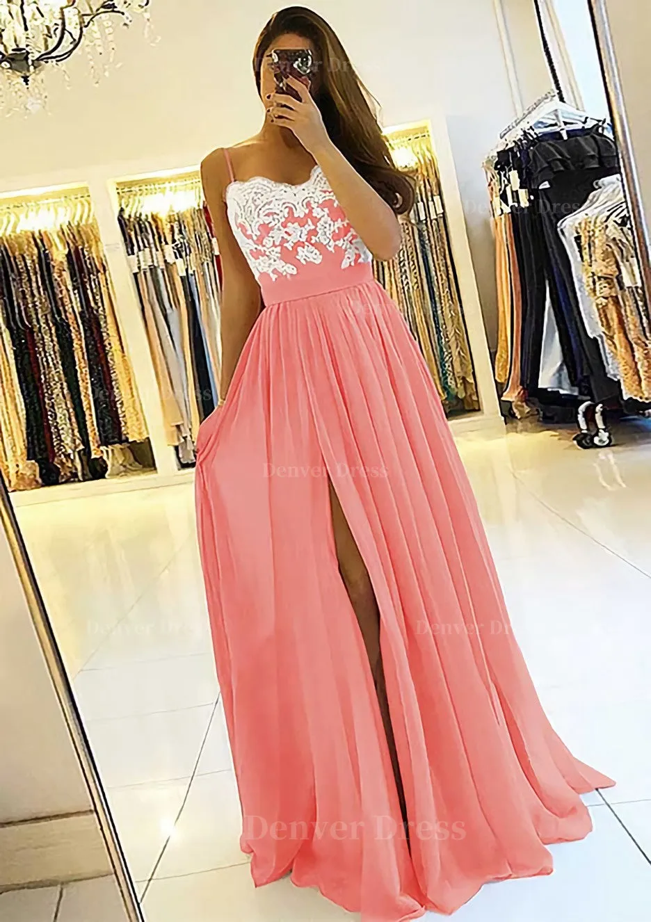 A-line/Princess Sweetheart Sleeveless Long/Floor-Length Chiffon Prom Dress With Split Appliqued