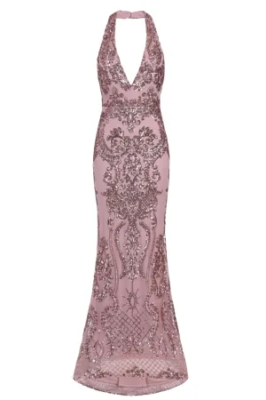 Aaliyah Rose Gold Halterneck Floral Sequin Embellished Maxi Fishtail Dress