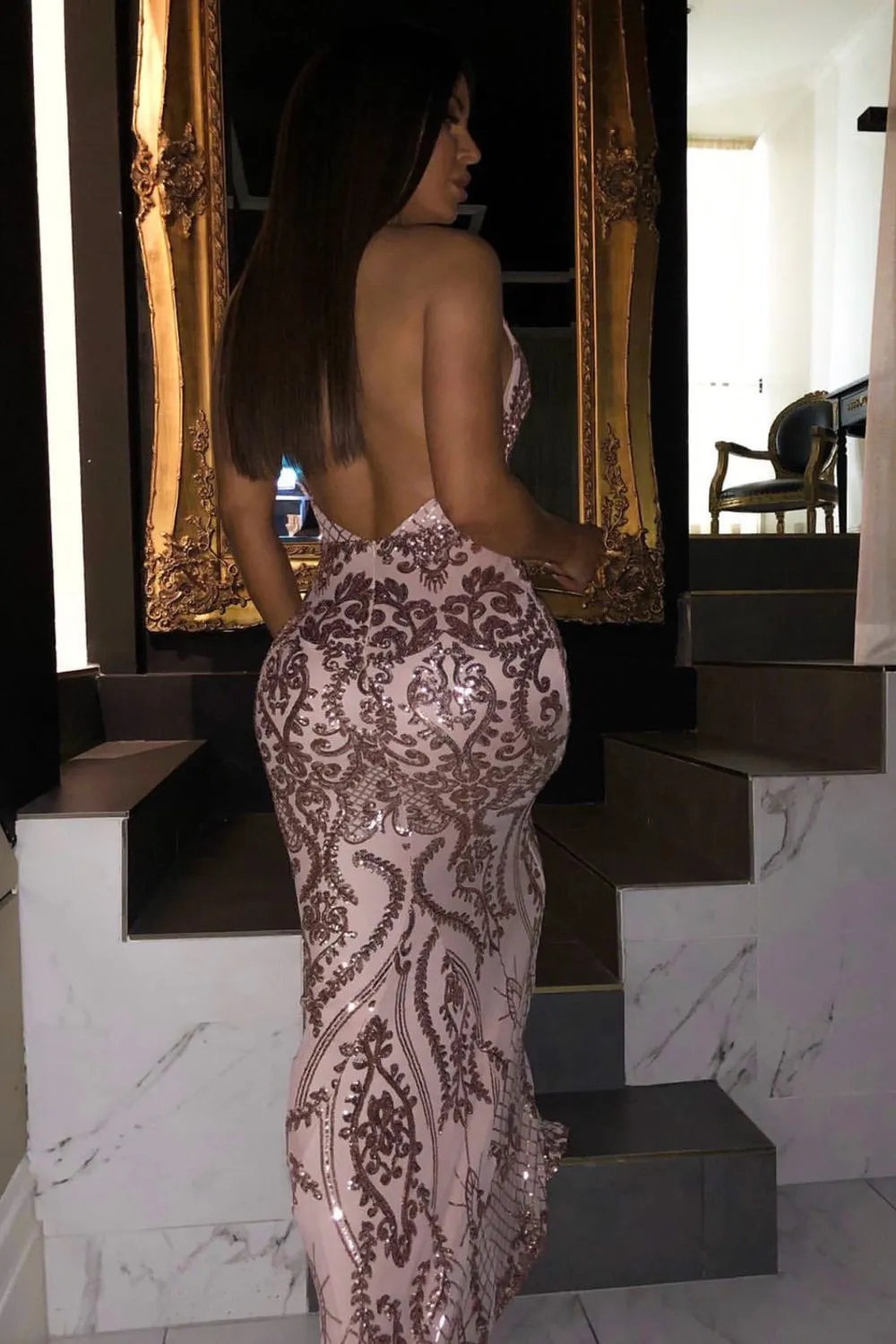 Aaliyah Rose Gold Halterneck Floral Sequin Embellished Maxi Fishtail Dress
