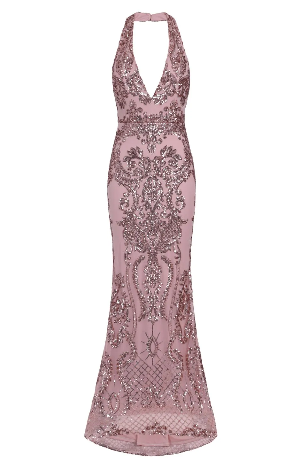 Aaliyah Rose Gold Halterneck Floral Sequin Embellished Maxi Fishtail Dress