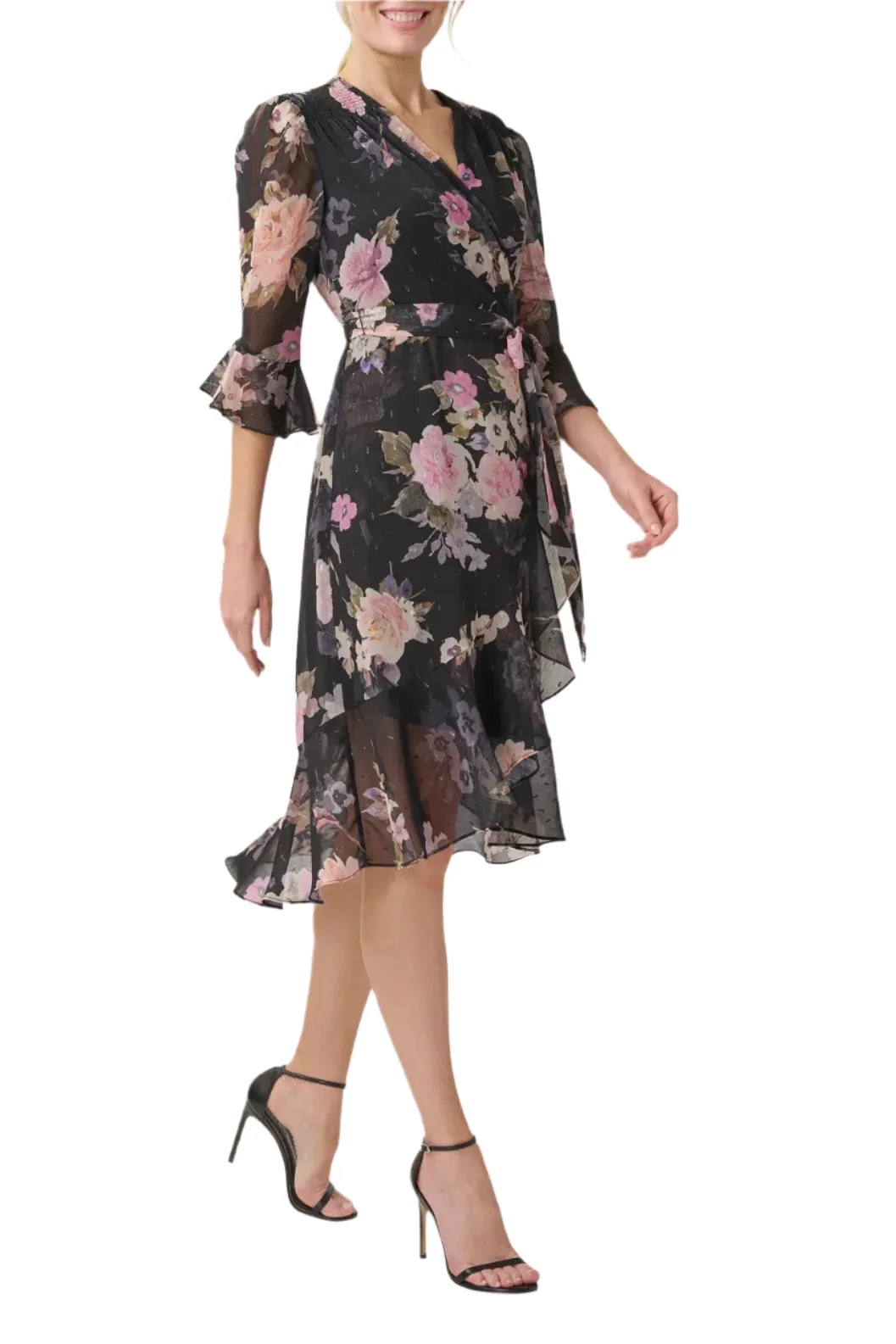 Adrianna Papell V-Neck 3/4 Circular Sleeve Tie Waist Chiffon Dress