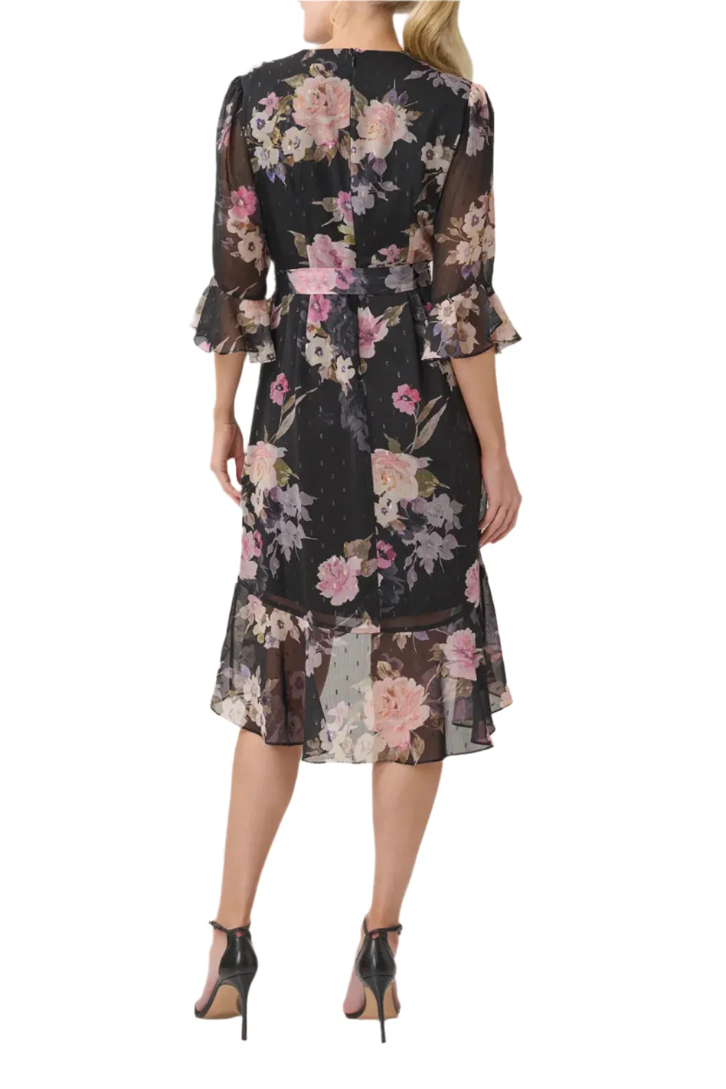 Adrianna Papell V-Neck 3/4 Circular Sleeve Tie Waist Chiffon Dress