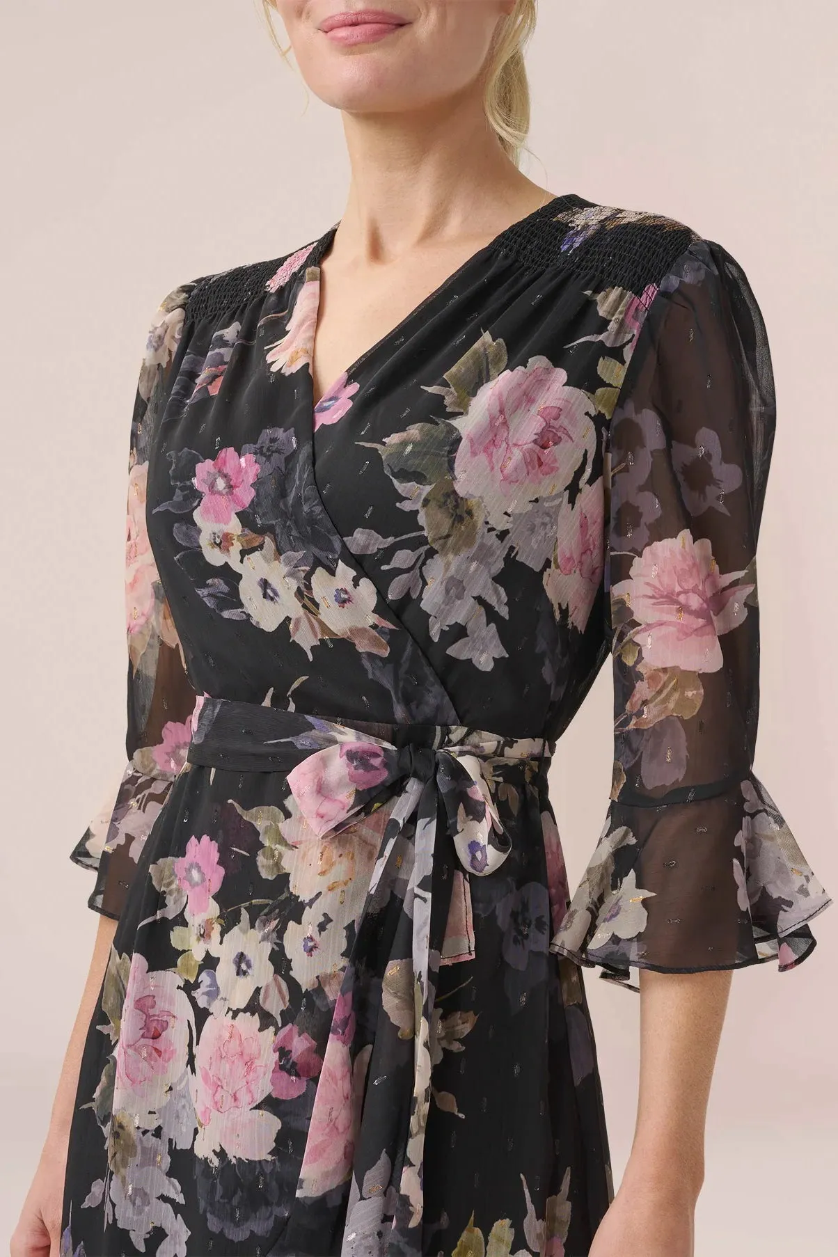 Adrianna Papell V-Neck 3/4 Circular Sleeve Tie Waist Chiffon Dress