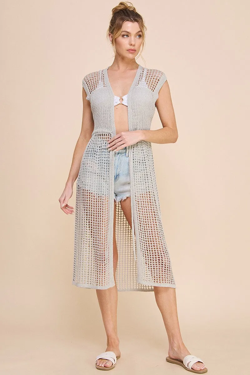Allie Rose Open Weave Knitted Cardigan in Soft Grey