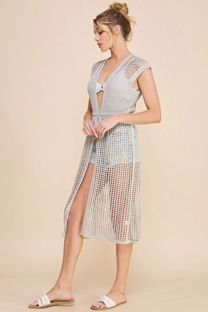 Allie Rose Open Weave Knitted Cardigan in Soft Grey