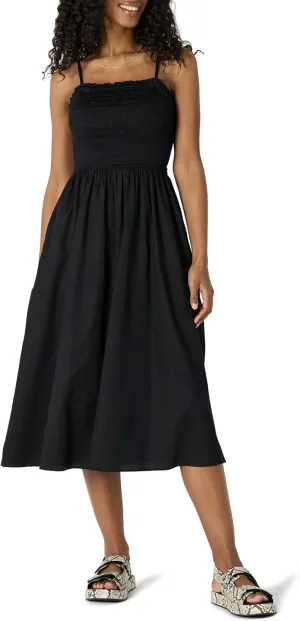 Amazon Essentials Women's Regular-Fit Cotton Sateen Smocked Bodice Midi Dress