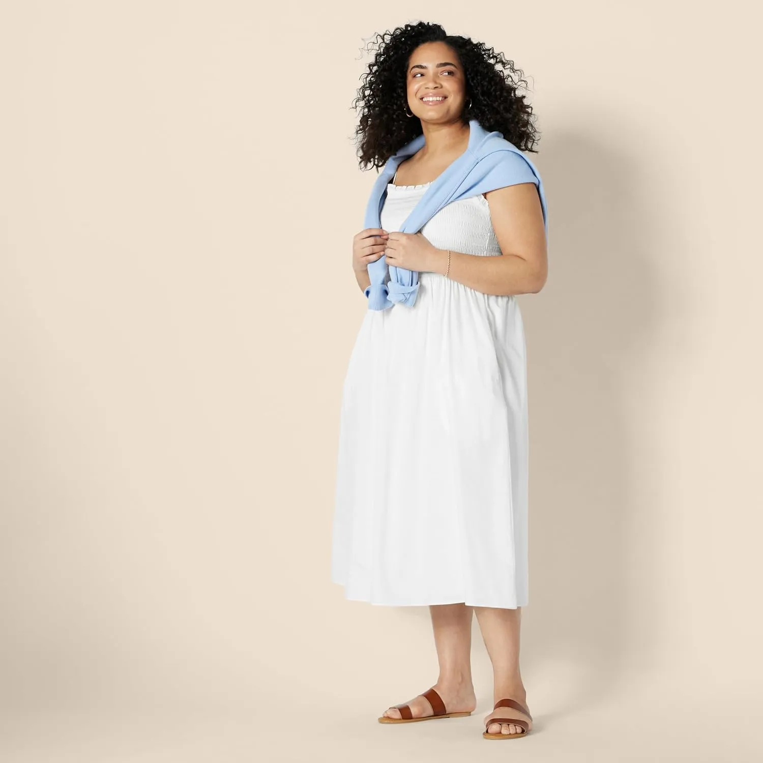 Amazon Essentials Women's Regular-Fit Cotton Sateen Smocked Bodice Midi Dress