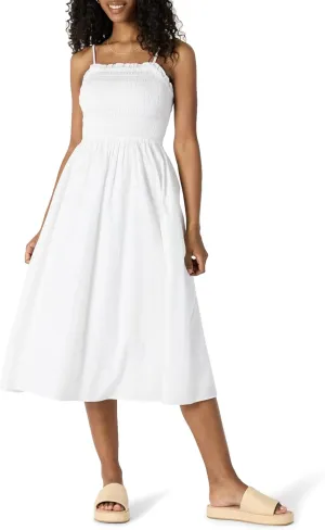 Amazon Essentials Women's Regular-Fit Cotton Sateen Smocked Bodice Midi Dress