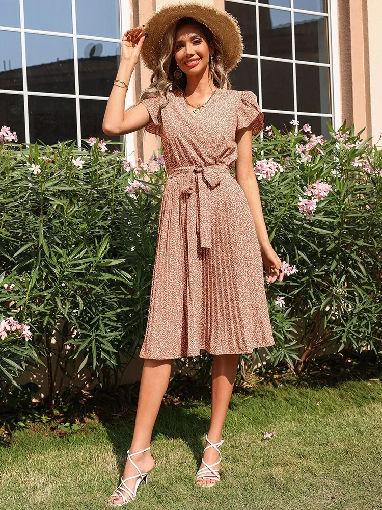 Amy Fashion - Casual Floral Dress V-Neck Short Sleeves Sundress