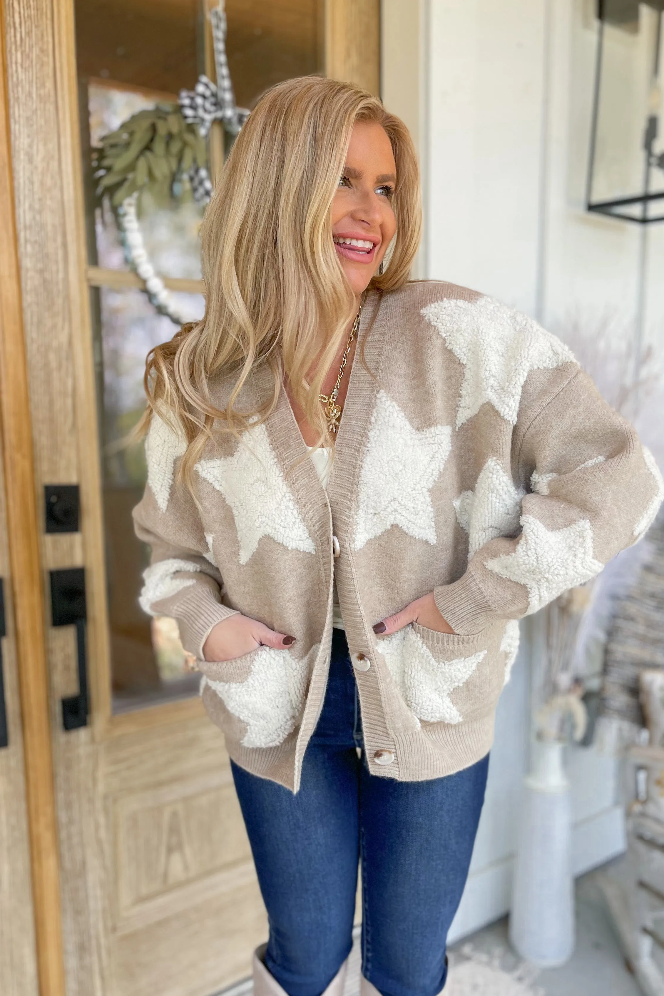 Annie Fuzzy Knit Textured Star Detail Cardigan Sweater [S-3X]