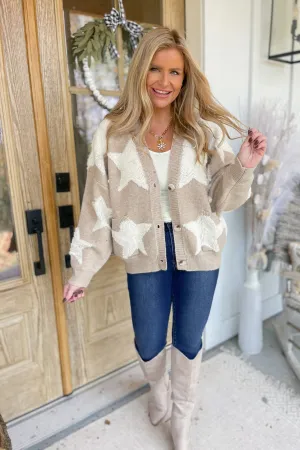Annie Fuzzy Knit Textured Star Detail Cardigan Sweater [S-3X]