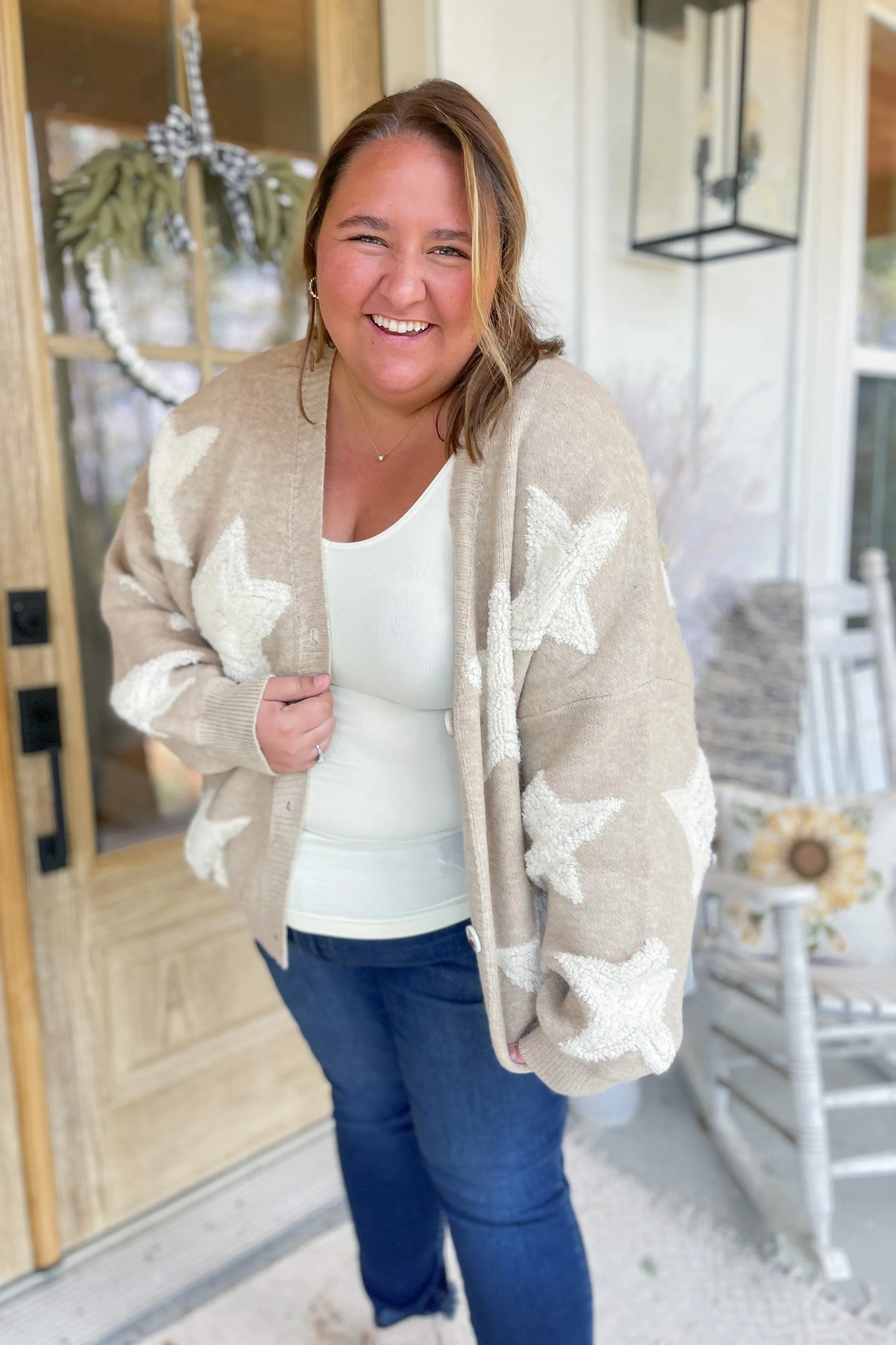 Annie Fuzzy Knit Textured Star Detail Cardigan Sweater [S-3X]