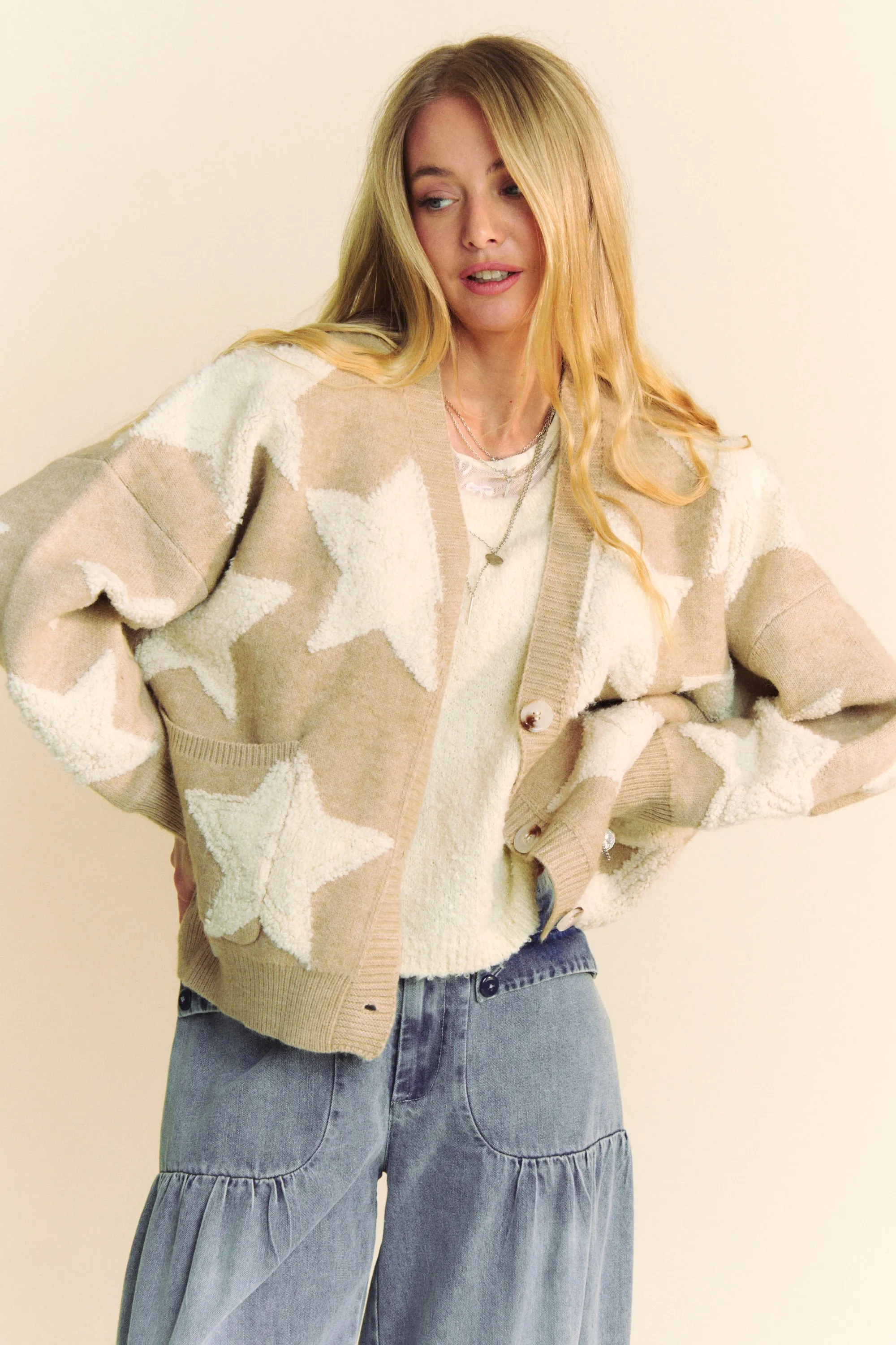 Annie Fuzzy Knit Textured Star Detail Cardigan Sweater [S-3X]