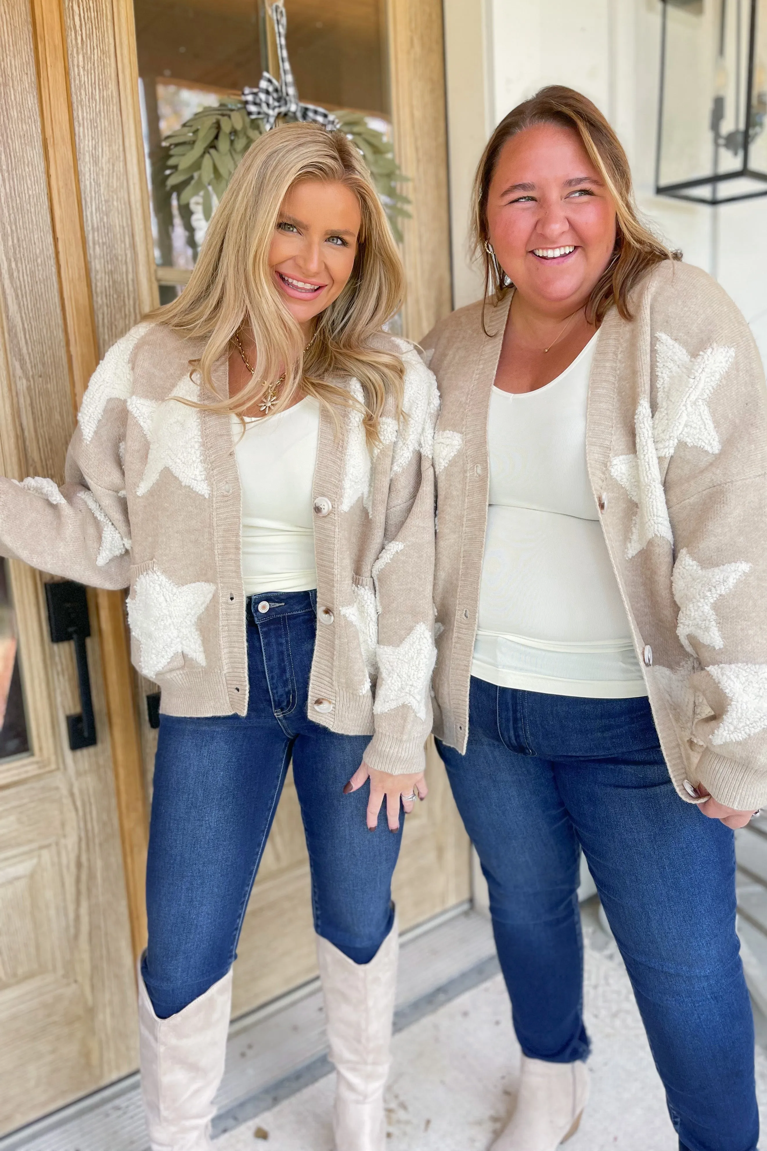 Annie Fuzzy Knit Textured Star Detail Cardigan Sweater [S-3X]