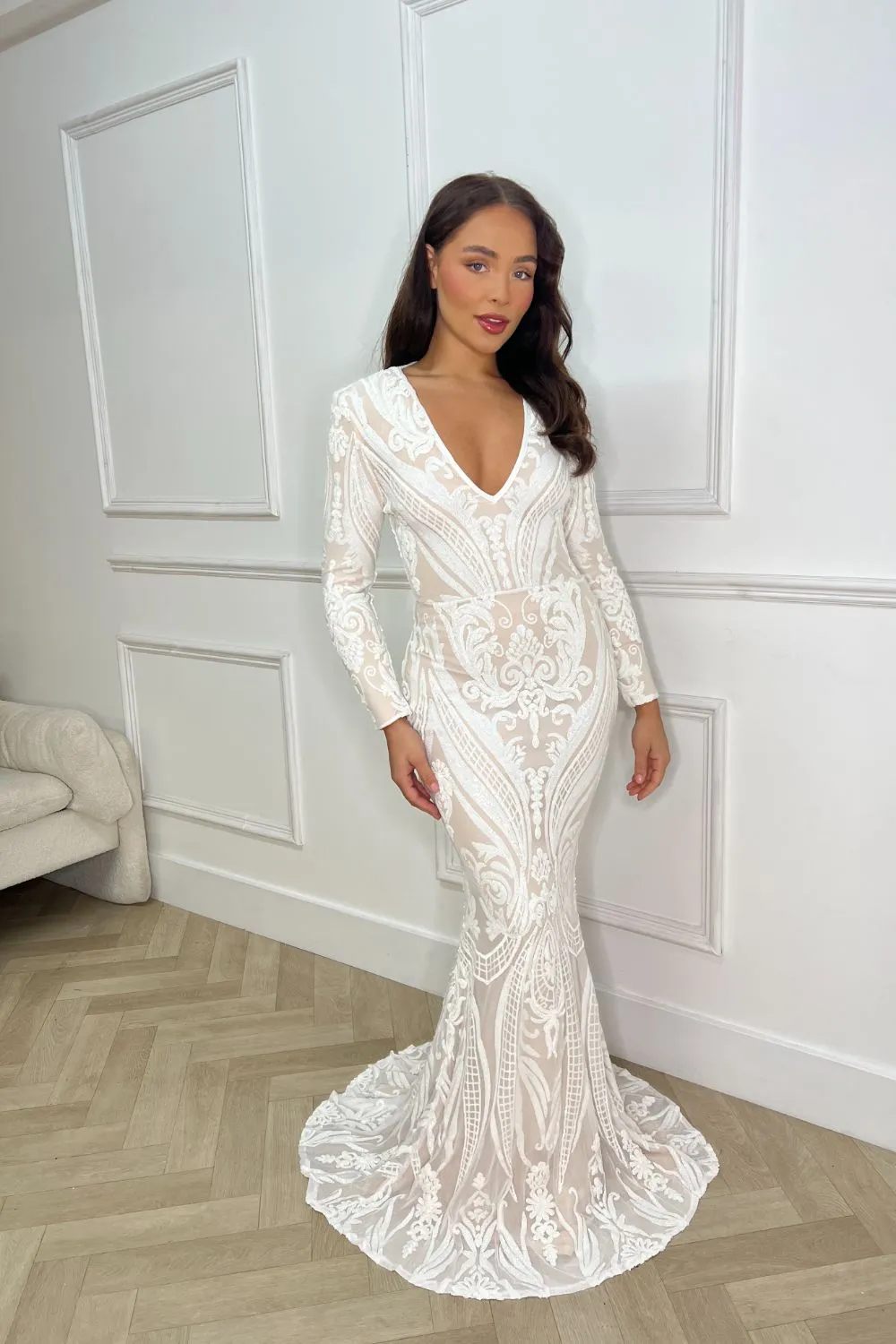 Arabella White Luxe Tribal Vip Sequin Plunge Fishtail Dress