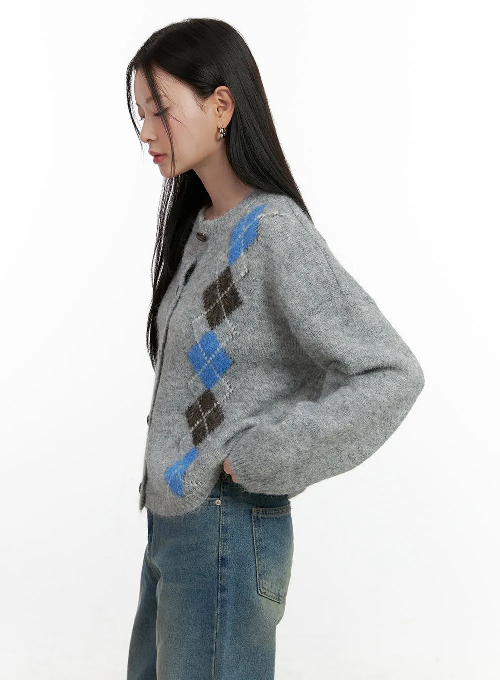 Argyle Loose-Fit Cardigan ON408