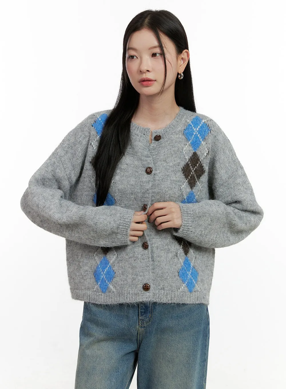 Argyle Loose-Fit Cardigan ON408