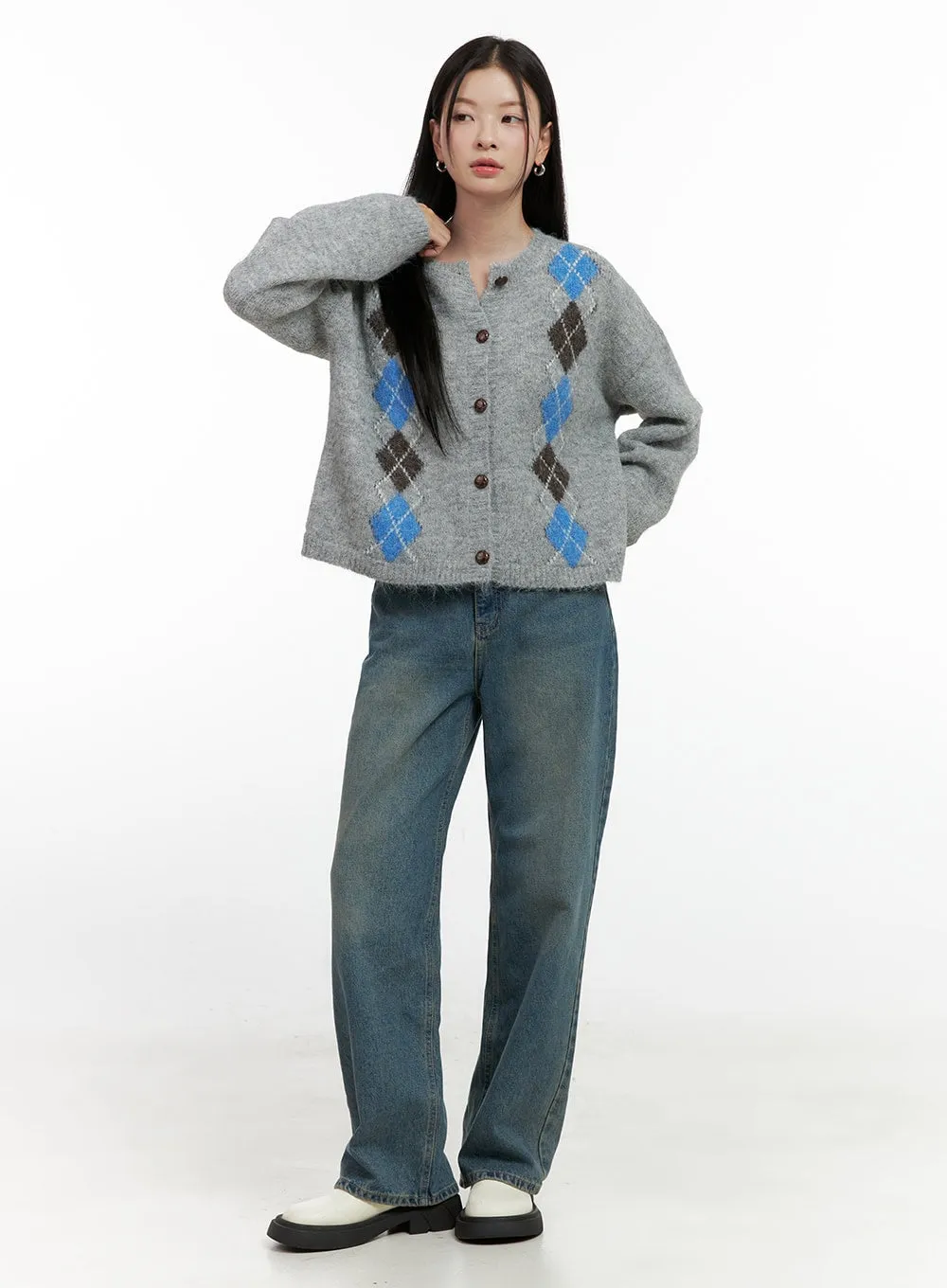 Argyle Loose-Fit Cardigan ON408