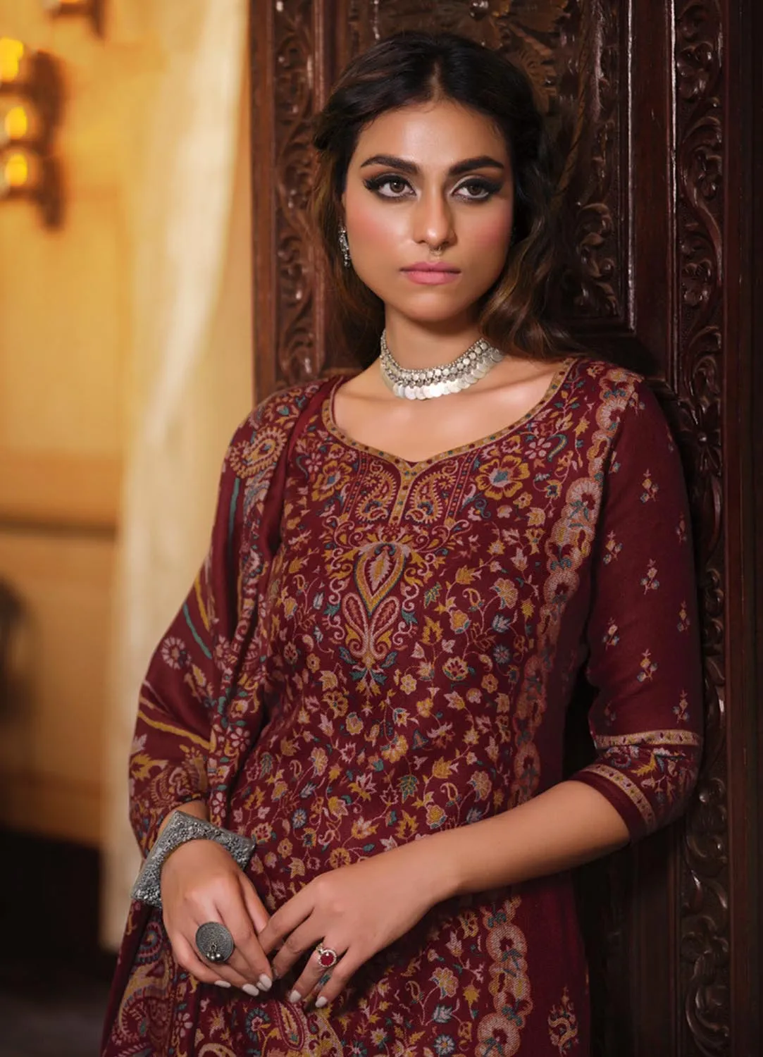 Belliza Pure Alpine Woolen Maroon Unstitched Winter Suits for Women