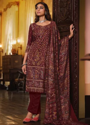Belliza Pure Alpine Woolen Maroon Unstitched Winter Suits for Women