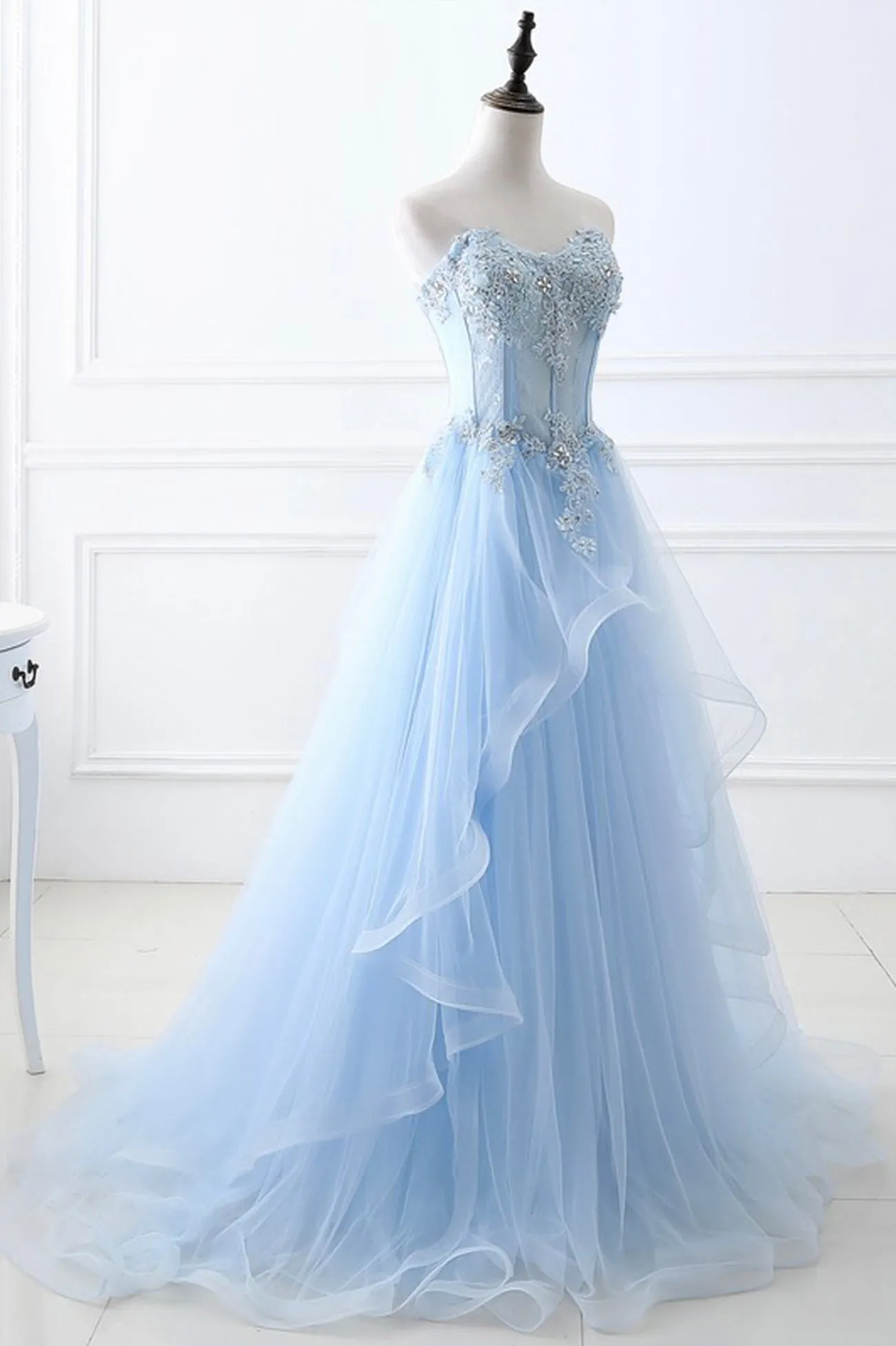 Blue Strapless Tulle Lace Long A-Line Prom Dress Blue Evening Dress