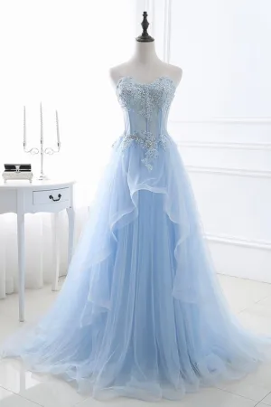 Blue Strapless Tulle Lace Long A-Line Prom Dress Blue Evening Dress
