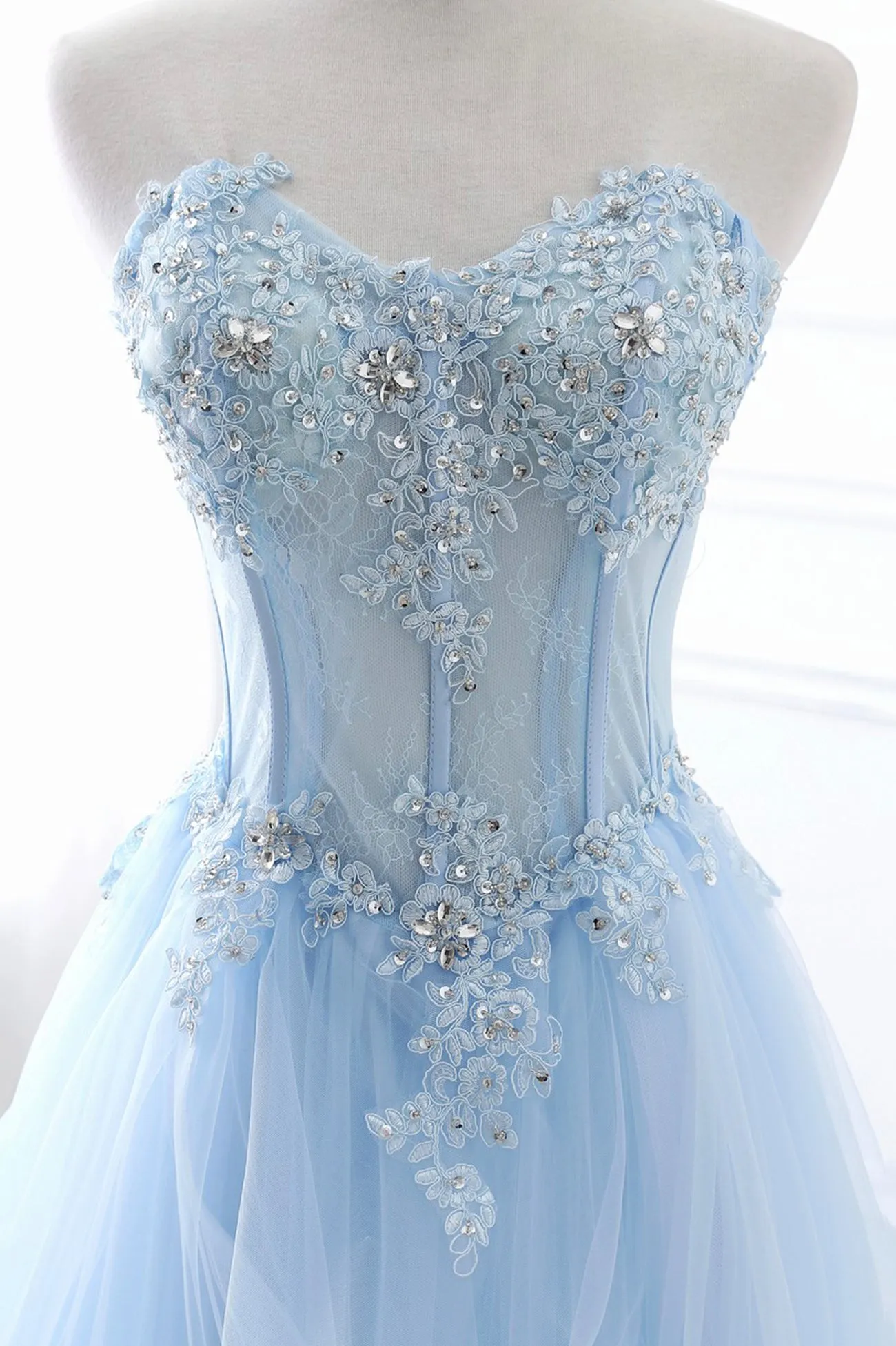 Blue Strapless Tulle Lace Long A-Line Prom Dress Blue Evening Dress