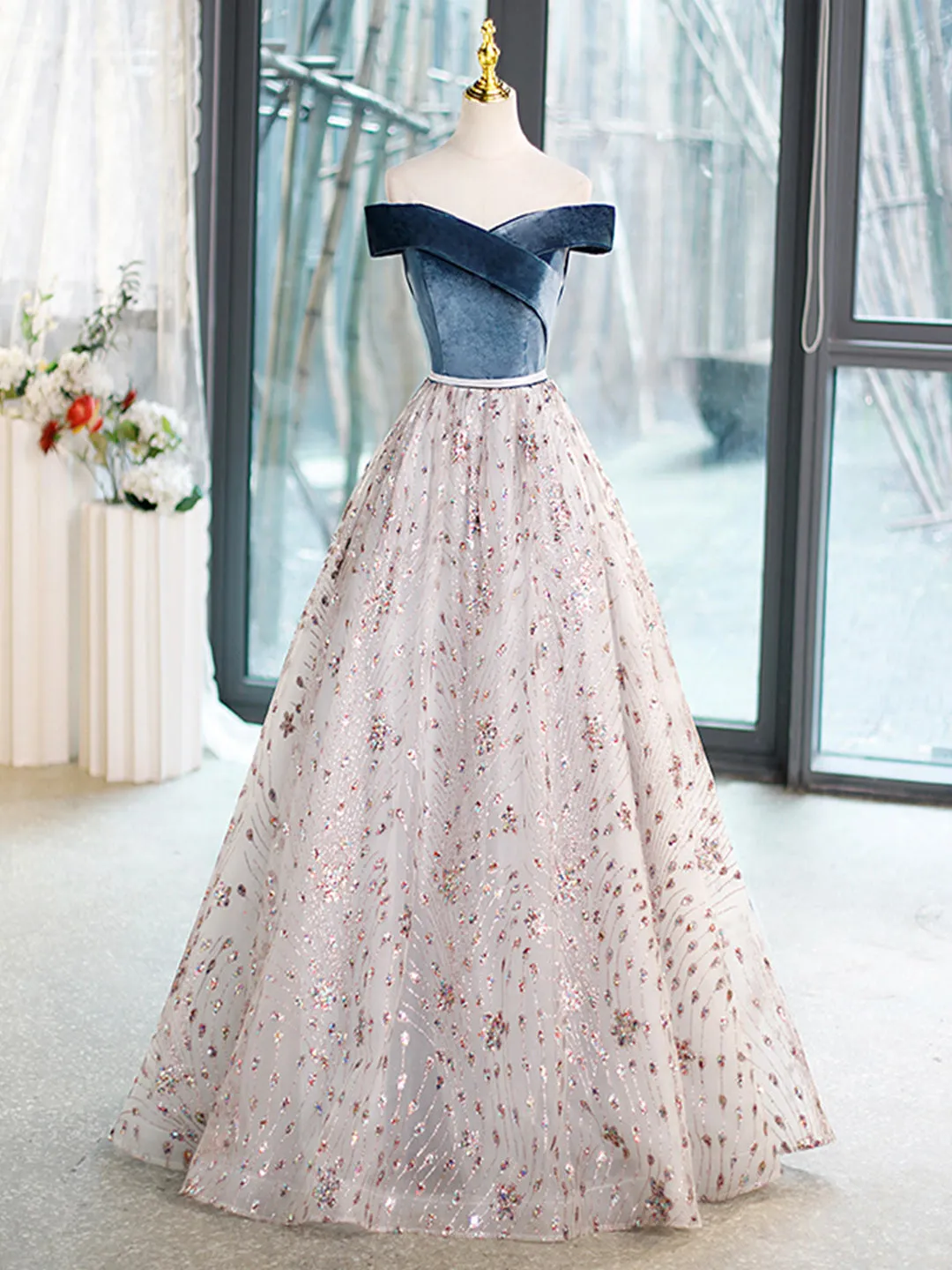 Blue Velvet and Tulle Long Prom Dress Off Shoulder Evening Dress Party Dress