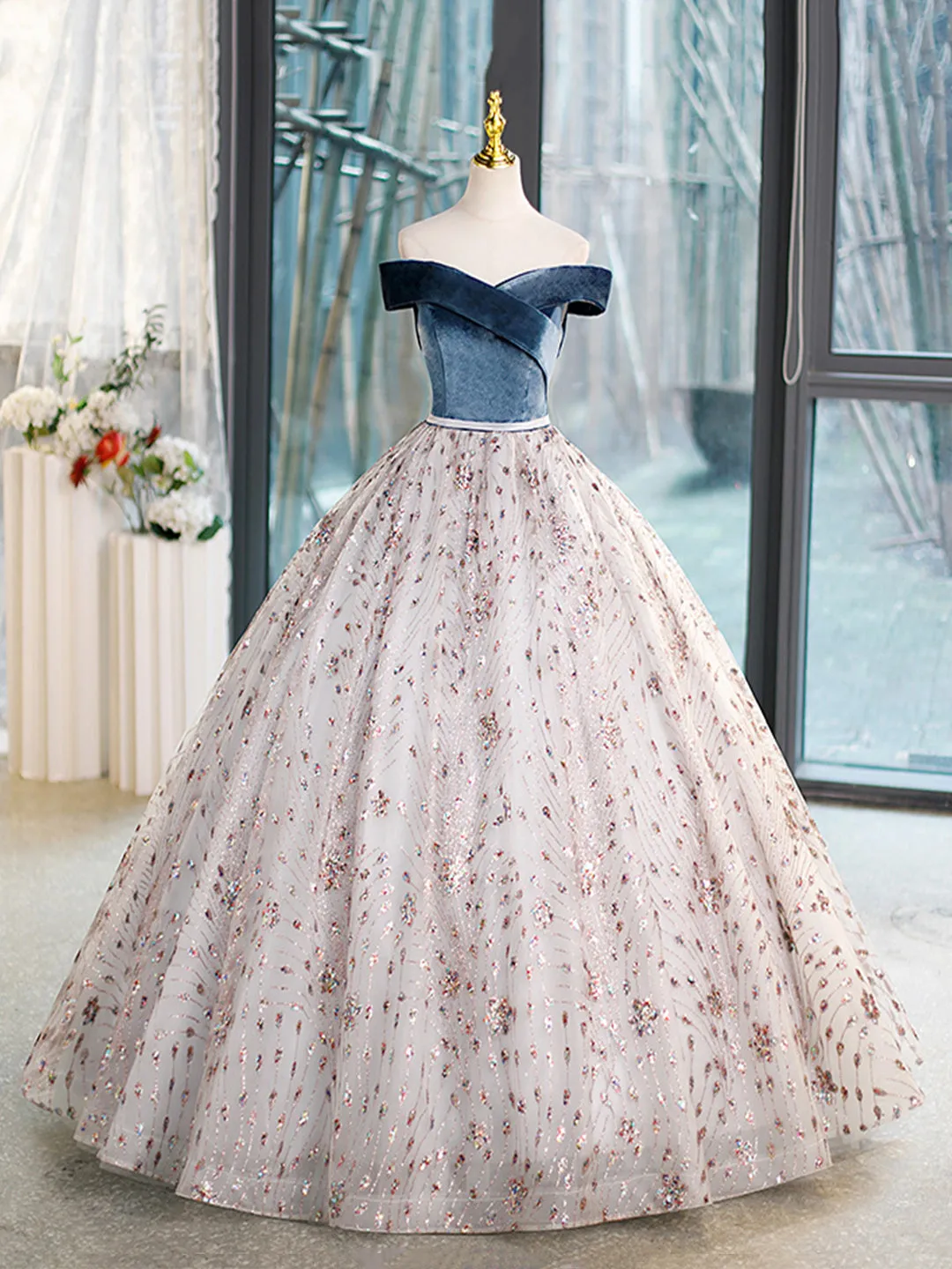 Blue Velvet and Tulle Long Prom Dress Off Shoulder Evening Dress Party Dress