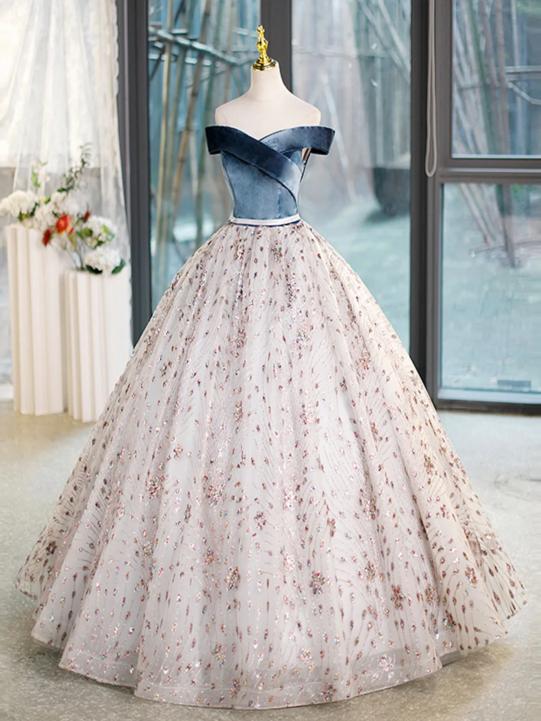 Blue Velvet and Tulle Long Prom Dress Off Shoulder Evening Dress Party Dress