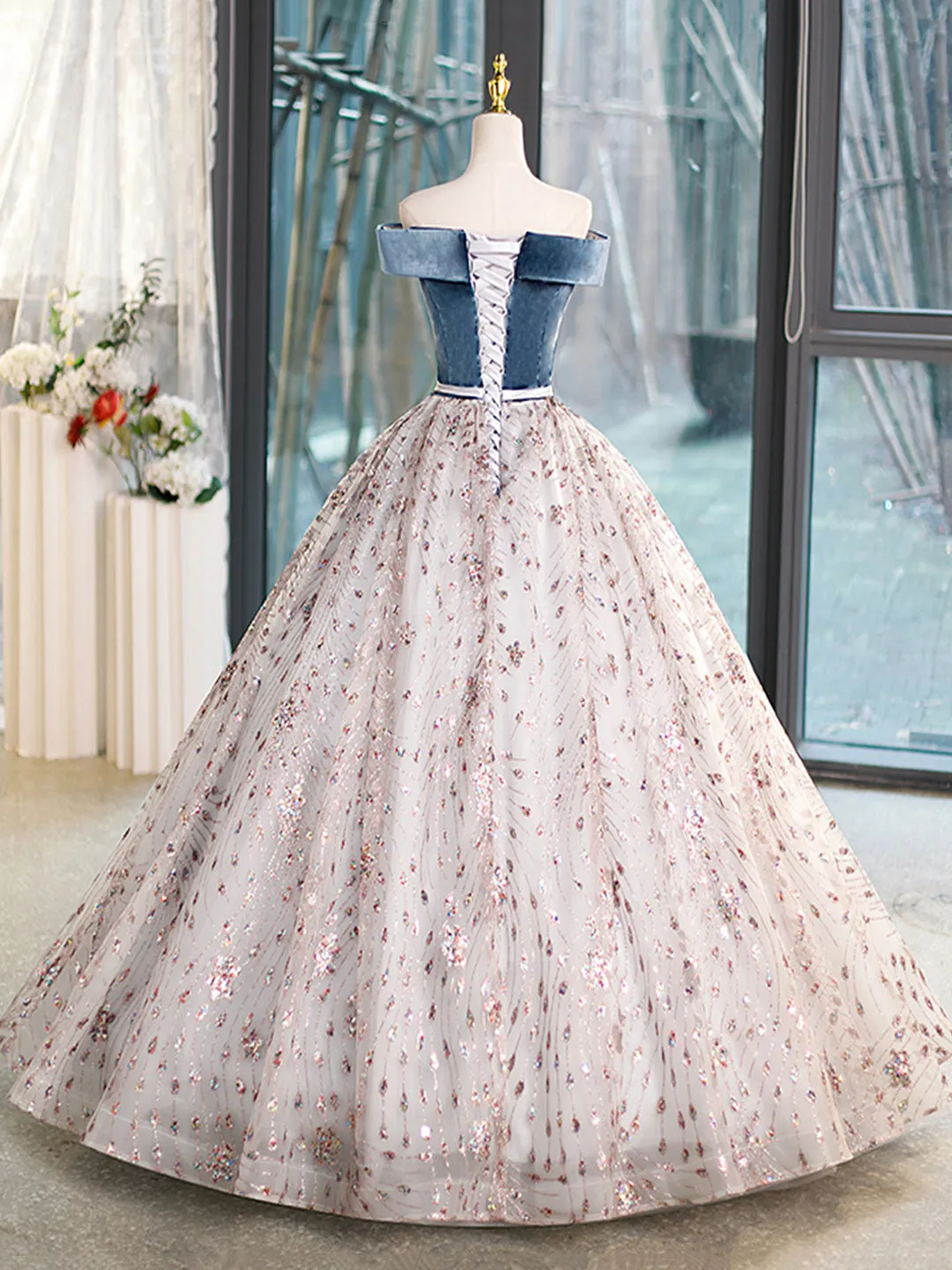 Blue Velvet and Tulle Long Prom Dress Off Shoulder Evening Dress Party Dress