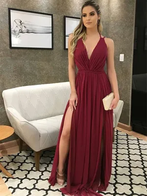 Burgundy A Line V Neck Chiffon Long Prom with Slit, Burgundy Formal, Evening