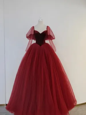 Burgundy Velvet and Tulle Floor Length Formal Dress A-Line Long Sleeve Tulle Evening Party Dress
