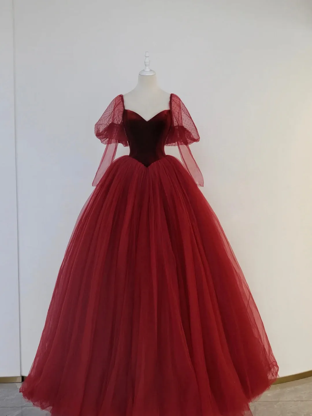 Burgundy Velvet and Tulle Floor Length Formal Dress A-Line Long Sleeve Tulle Evening Party Dress