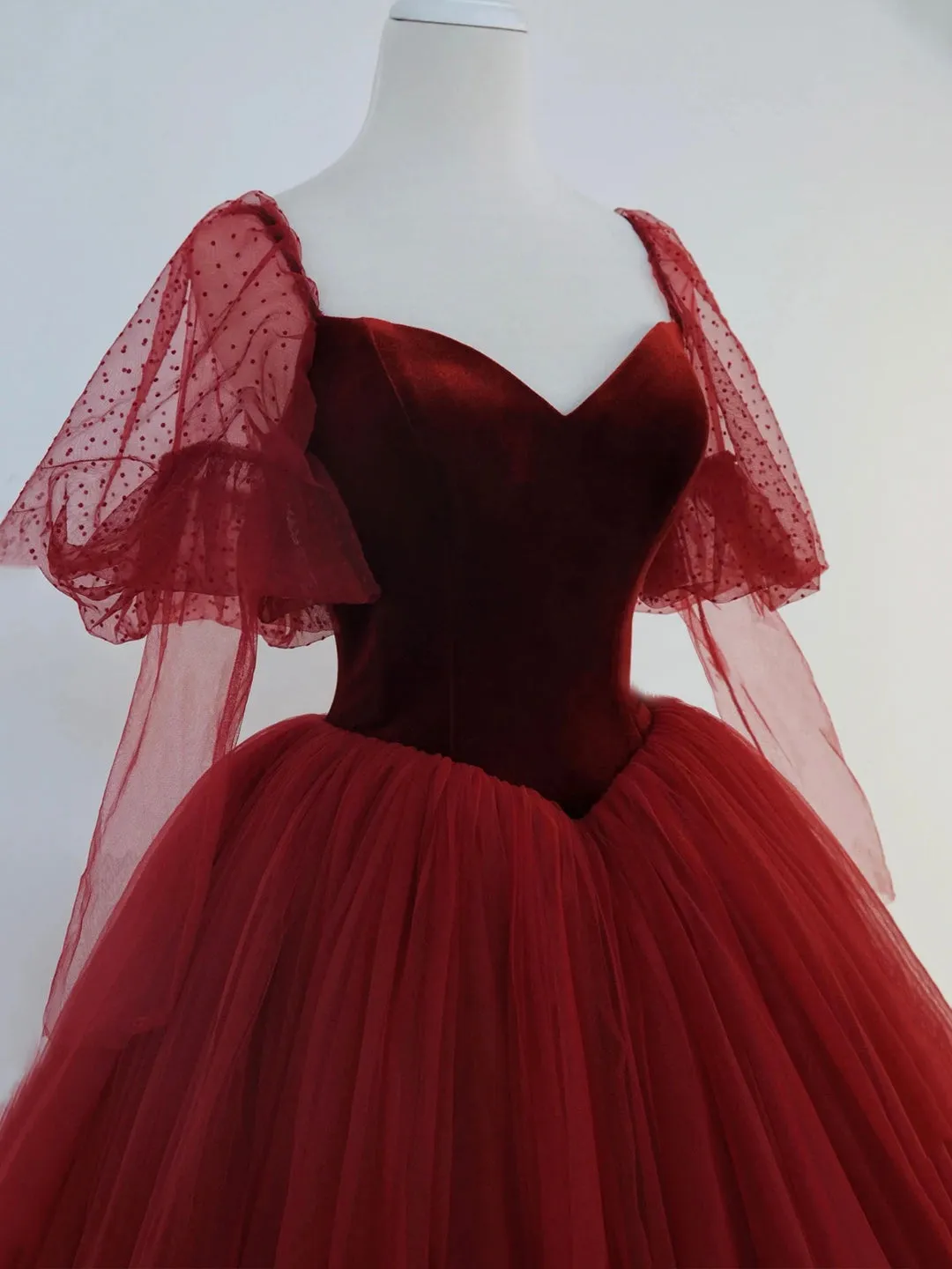 Burgundy Velvet and Tulle Floor Length Formal Dress A-Line Long Sleeve Tulle Evening Party Dress