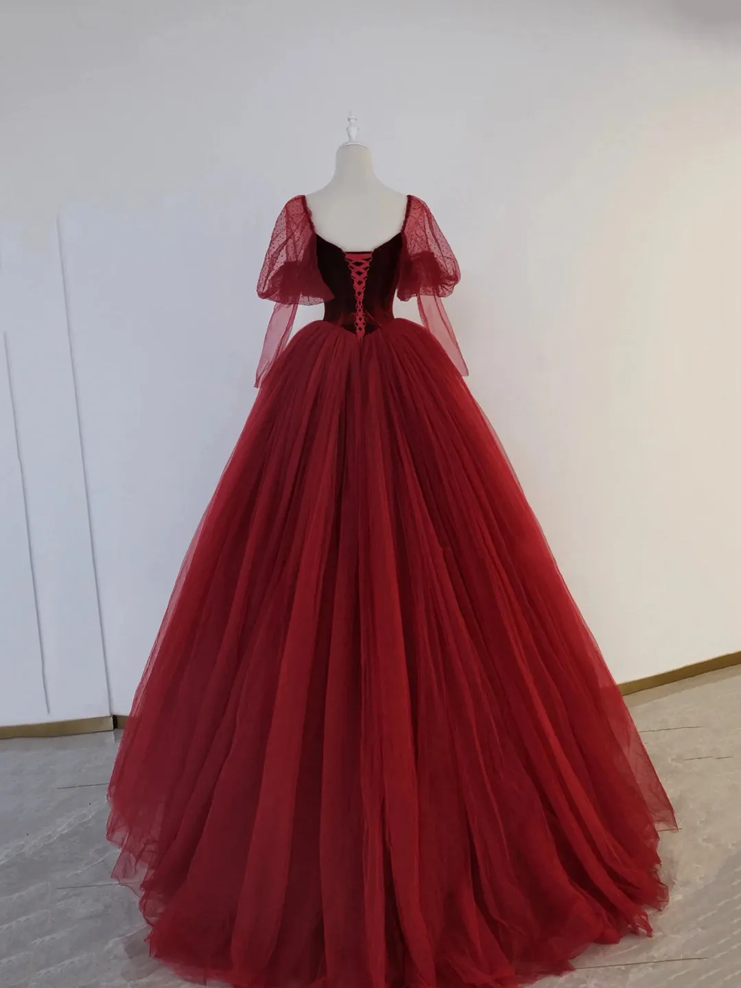 Burgundy Velvet and Tulle Floor Length Formal Dress A-Line Long Sleeve Tulle Evening Party Dress