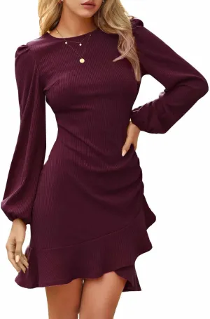 Byinns Women's 2024 Knit Sweater Bodycon Mini Dress Ribbed Long Sleeve Ruffle Hem Cocktail Party Sexy Fall Winter Dresses