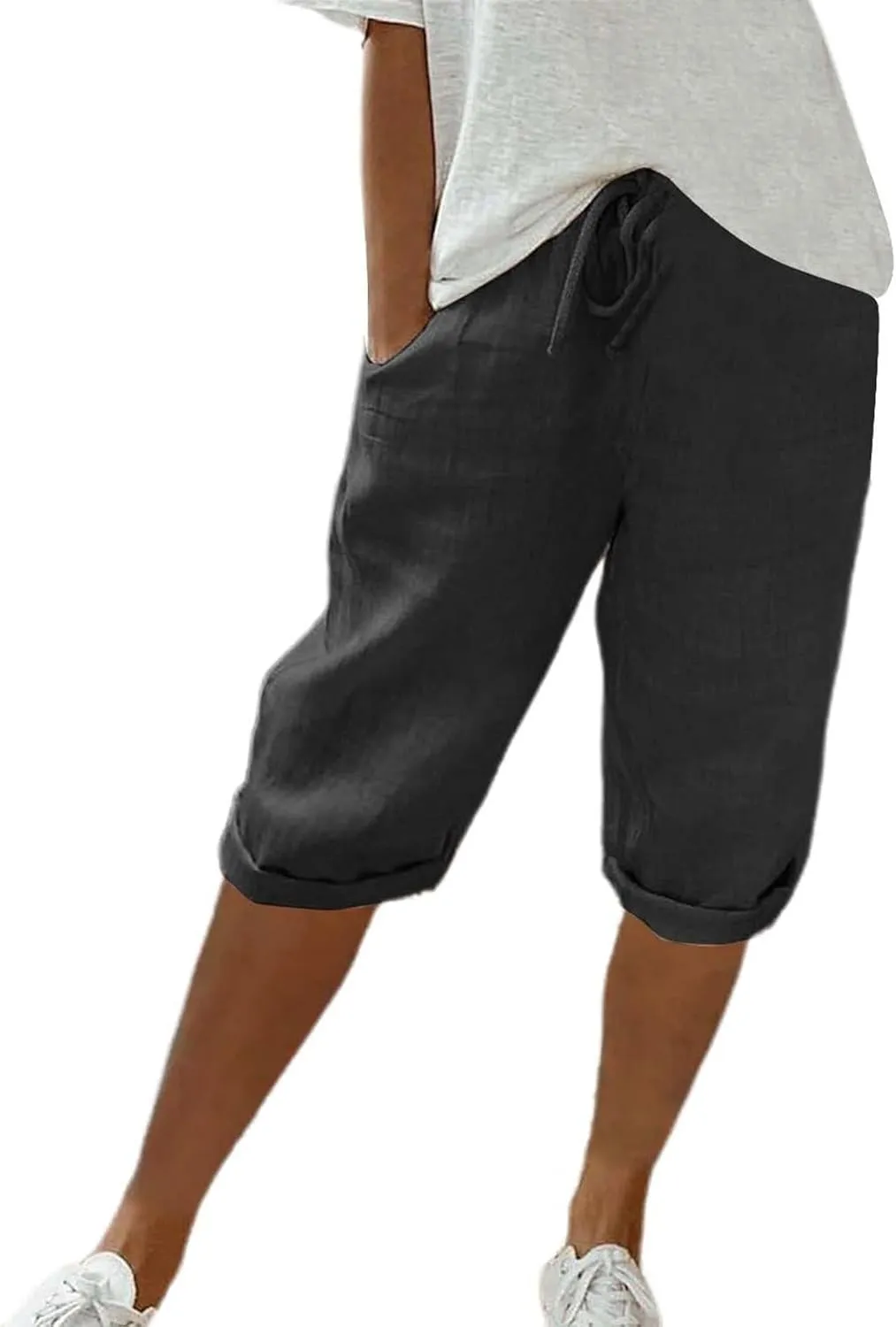 Capri Pants for Women High Waisted Casual Summer Yoga Pants Slacks for Women Linen Drawstring Shorts with Pockets