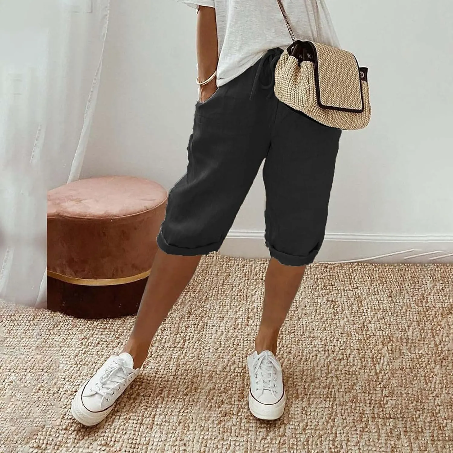 Capri Pants for Women High Waisted Casual Summer Yoga Pants Slacks for Women Linen Drawstring Shorts with Pockets