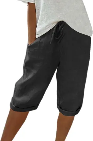 Capri Pants for Women High Waisted Casual Summer Yoga Pants Slacks for Women Linen Drawstring Shorts with Pockets